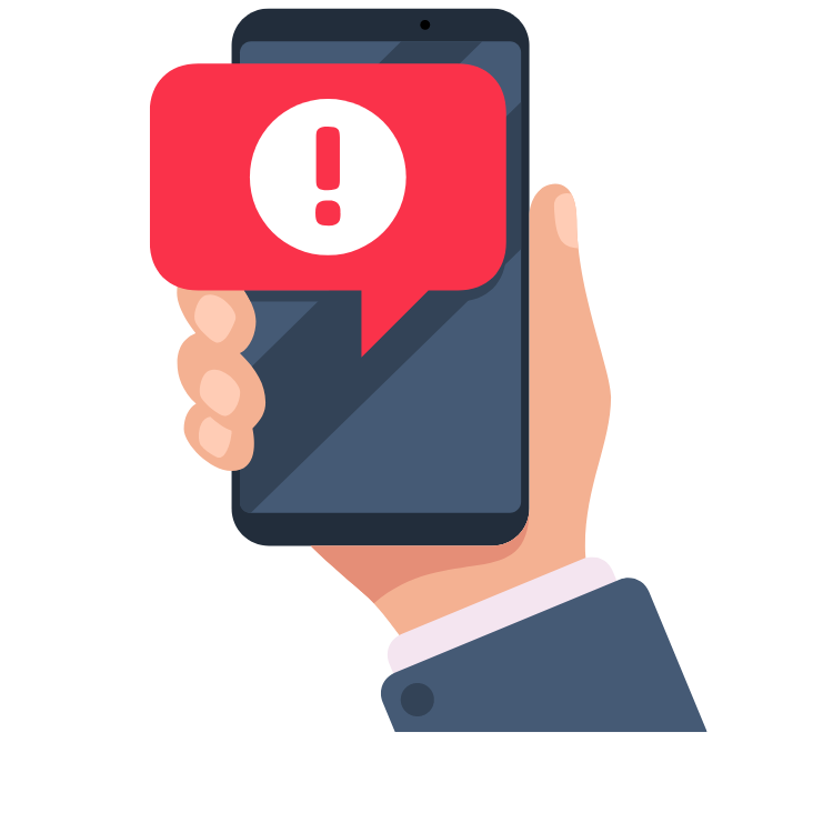 Hand holding a phone with an alert icon representing Real-time Alerts